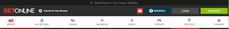 BetOnline home page - top menu bar wih join now button