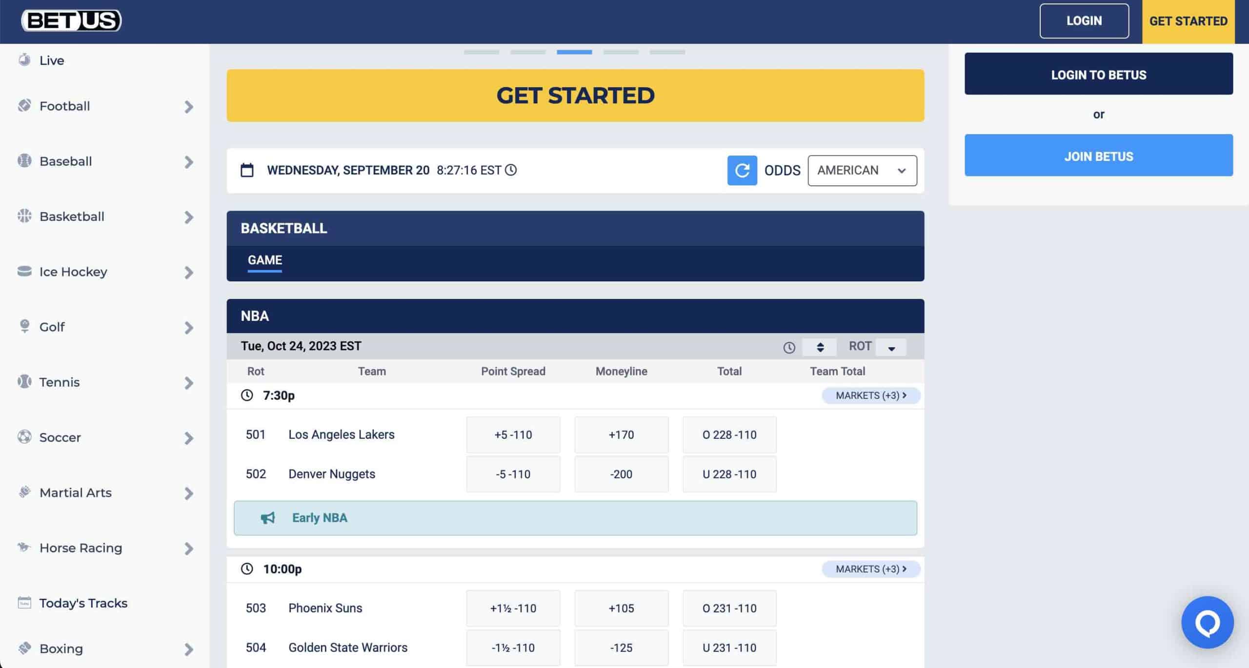 A screenshot of some BetUS basketball odds