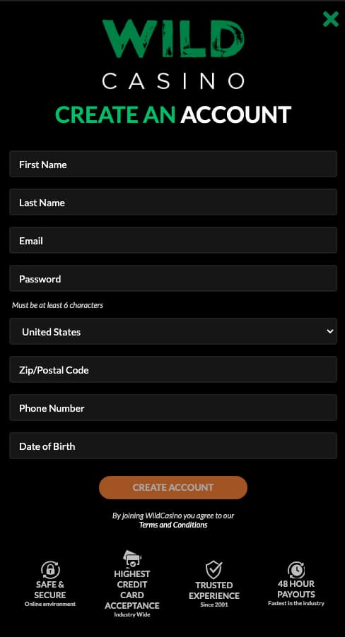 wild casino create account