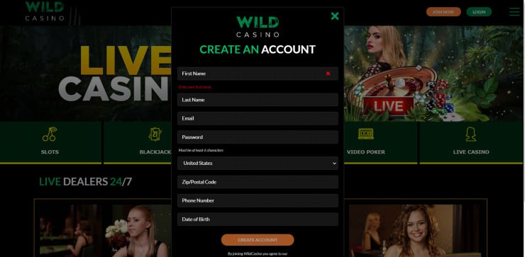 Wild Casino registration form - South Dakota Casinos