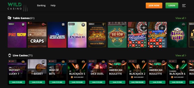 Wild Casino table games section