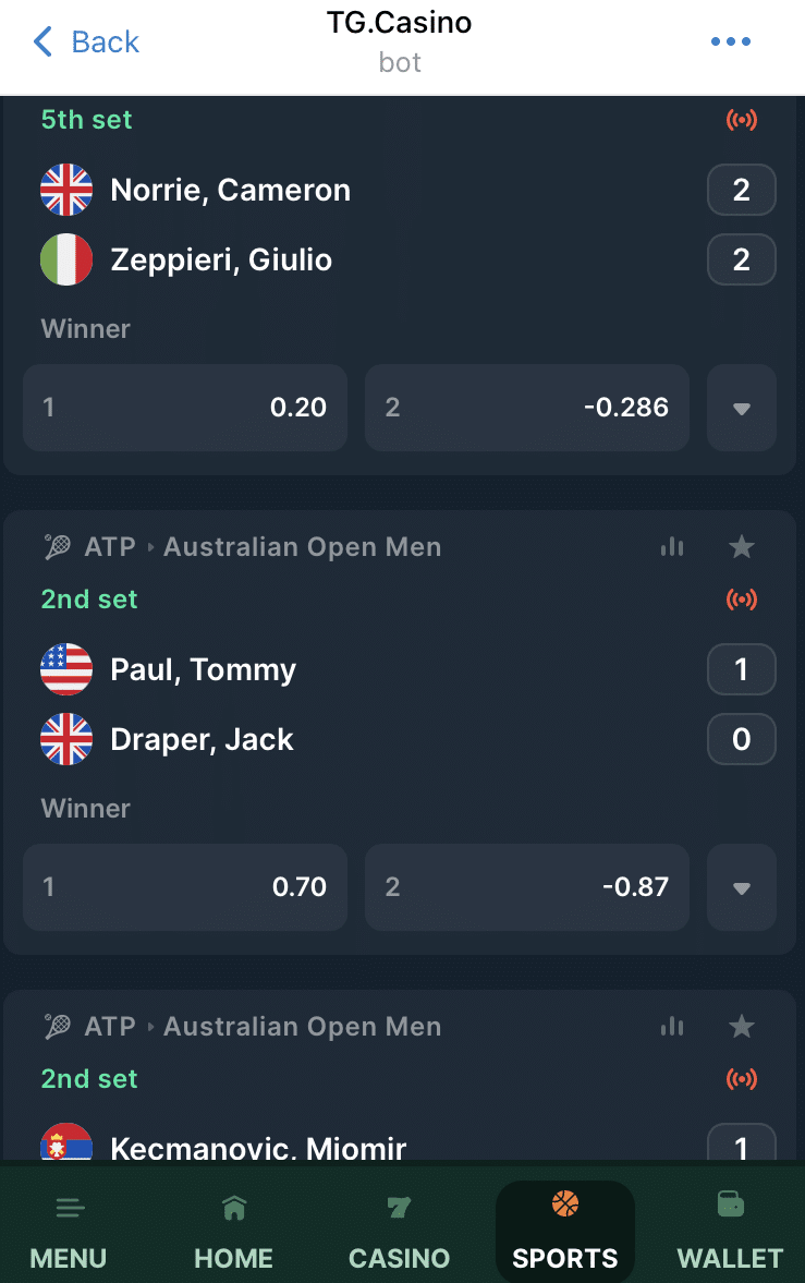 A screenshot of soccer betting options at the Arkansas sports betting site TG Casino